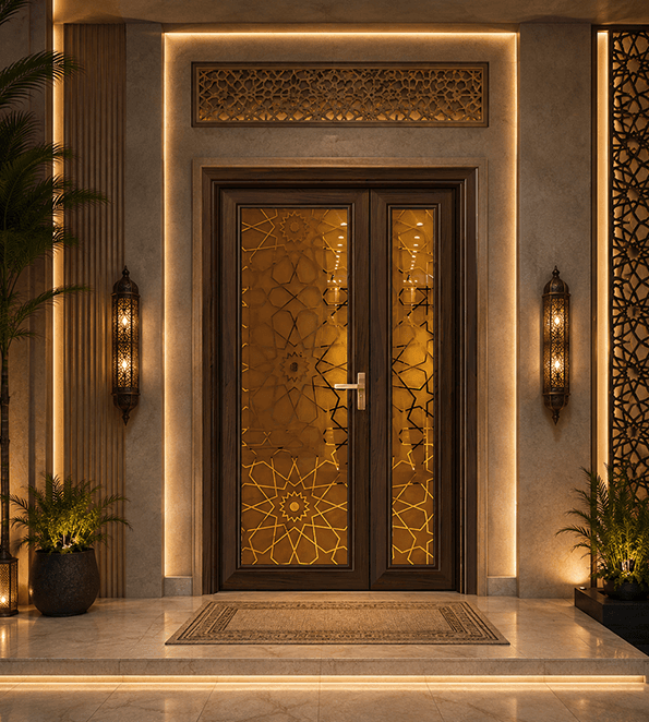 Cast aluminium door with decorative detailing