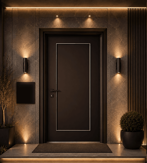 Modern villa entrance with cast aluminium door